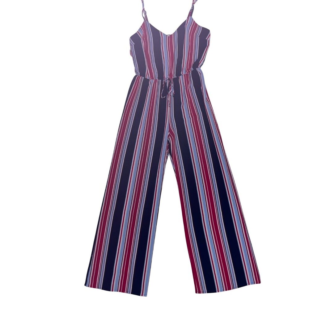 Striped Sleeveless V-Neck Wide-Leg Jumpsuit With Adjustable Spaghetti Straps By